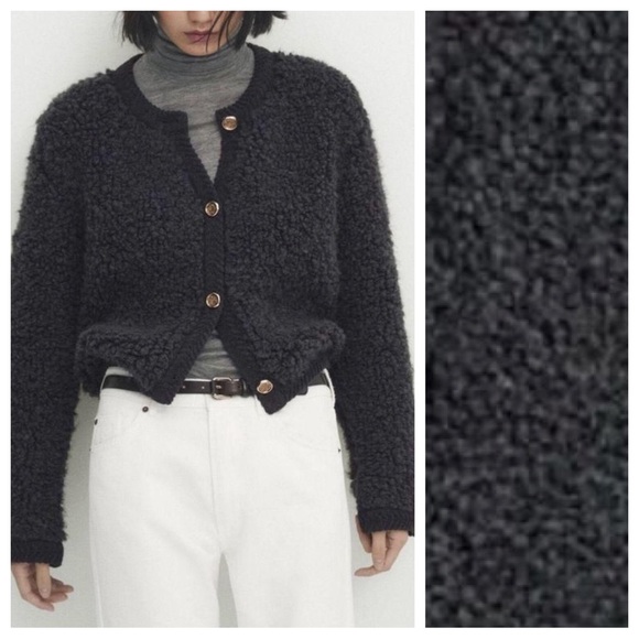 NWT. Massimo Dutti Lead (black/gray) Wool Blend Bouclé Knit Cardigan. Size S, M. - Picture 4 of 14